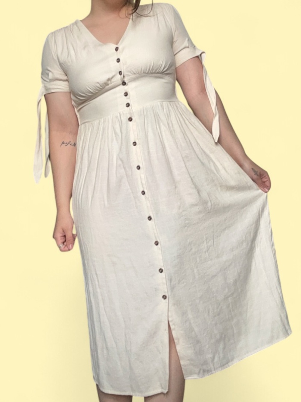 Cream Button-Front Maxi Dress with V-Neck